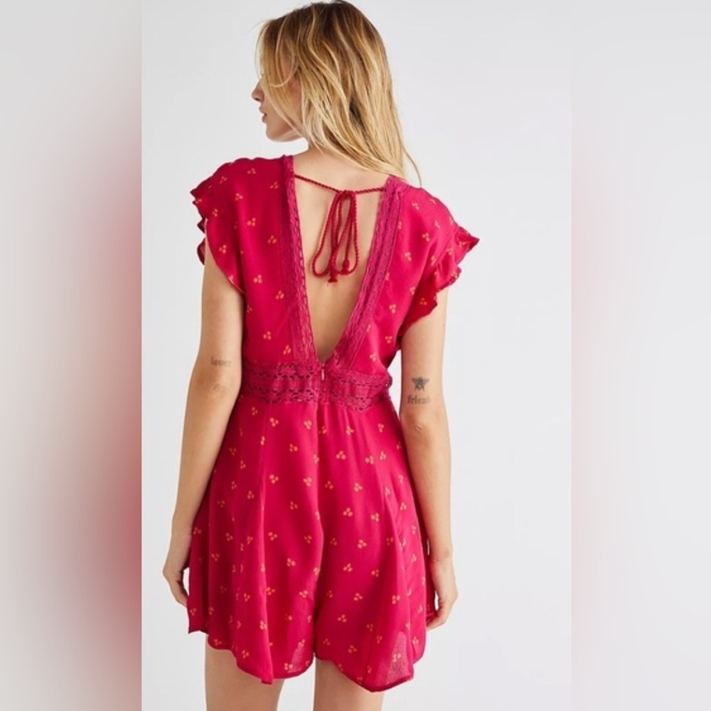 Free People Morning Sun Romper | Magenta with Orange Floral Print | Women’s S - Picture 3 of 15